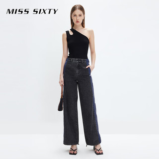 MISS SIXTY牛仔裤女拼接直筒宽松百搭休闲个性设计感 黑灰 XL