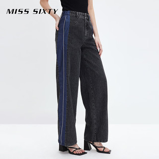 MISS SIXTY牛仔裤女拼接直筒宽松百搭休闲个性设计感 黑灰 XL
