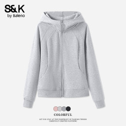 Baleno 班尼路 S&K系列 卫衣女装开衫连帽外套 麻灰#纯色