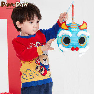 PawinPaw【新年系列】小熊童装秋季男宝宝儿童春节针织毛衣拜年服 红色/20 1