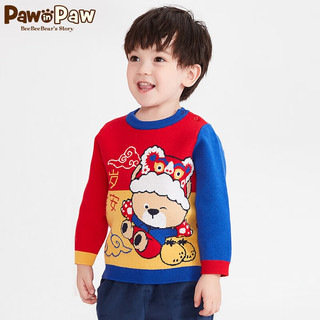PawinPaw【新年系列】小熊童装秋季男宝宝儿童春节针织毛衣拜年服 红色/20 1