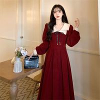 她戏法式复古双层领连衣裙学院风收腰显瘦中长裙子 蓝色 3XL