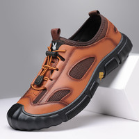 花花公子男鞋轻便透气镂空商务凉皮鞋包头真皮中老年爸爸凉鞋 深棕色 39