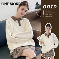 ONE MORE 奶白色polo领卫衣女2025秋季翻领宽松休闲独特上衣S