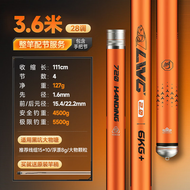 汉鼎 螺纹钢二代大物巨物竿28调5.5H鲢鳙青鲟鱼台钓杆手竿综合钓竿鱼竿 3.6m -5.5H硬度-黑坑混养