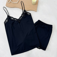 移动端：6IXTY8IGHT 68凉感缎面睡衣女秋蕾丝V领纯欲吊带短裤家居服套装