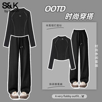班尼路(Baleno)S&K系列休闲时尚套装女装半高领打底衫上衣服香蕉直筒裤子两件套 黑#纯色+黑#纯色 L