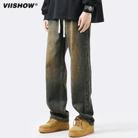 viishow美式复古蓝牛仔裤男秋季美式高街潮牌长裤宽松水洗做旧直筒裤 浅蓝色浅蓝色 M