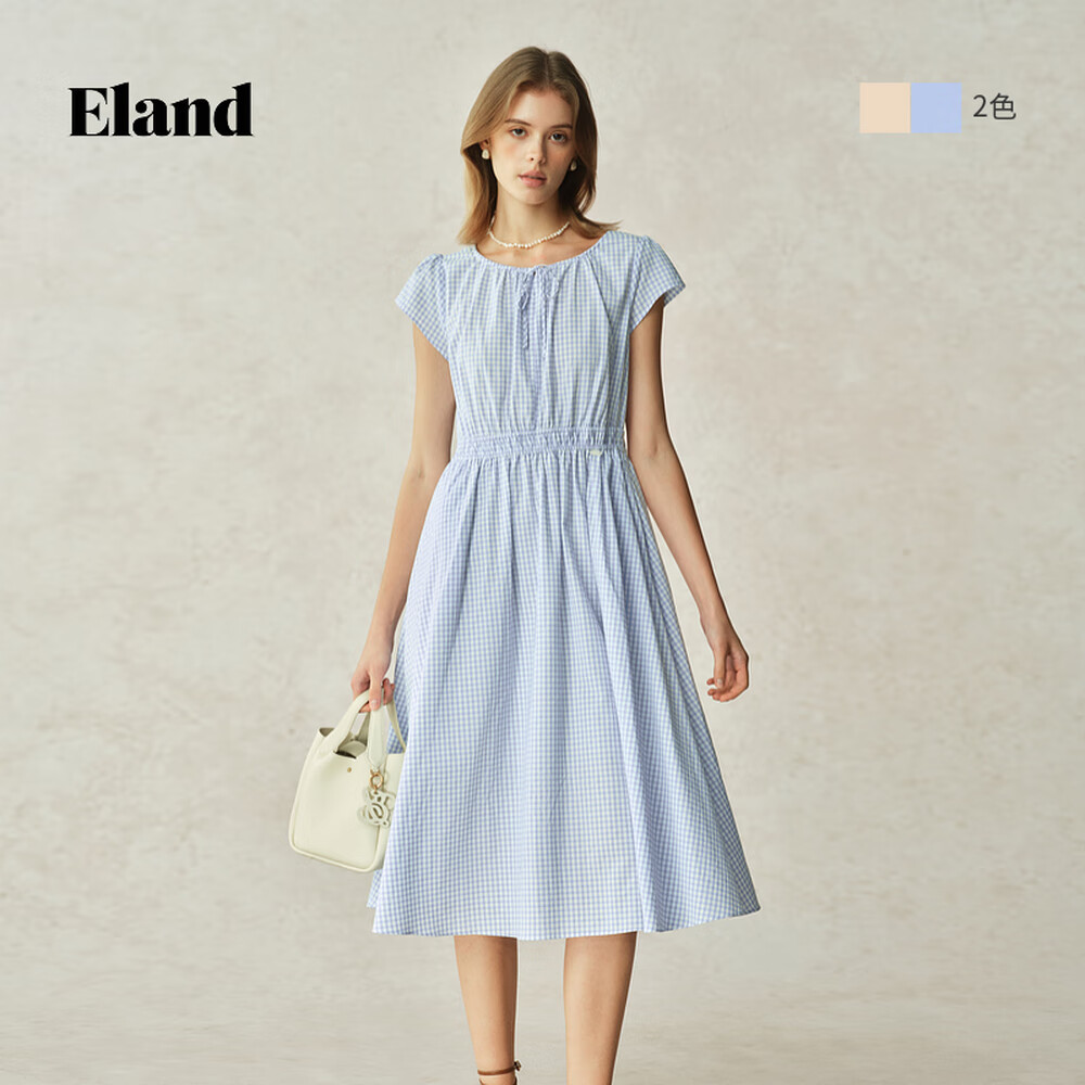 ELAND【风铃裙】衣恋连衣裙女A摆收腰格纹中长裙透气25夏新款 浅黄色(31)L/Yellow-B款F88T73