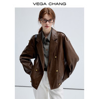 VEGA CHANG春秋季皮衣外套女2025年新款复古旷野美拉德外套 机车棕