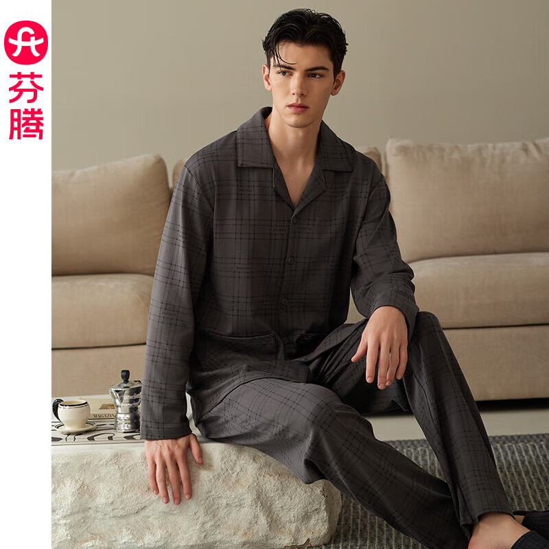 芬腾睡衣男士春秋季长袖纯棉套装青年男款大码休闲格子开衫家居服 FJ25931455深灰 L :126-146斤
