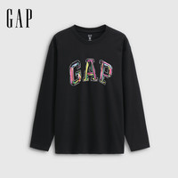 GAP男女装2025秋季新款logo涂鸦印花纯棉宽松长袖T恤上衣787426 黑色
