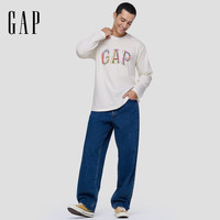 Gap 男女装早秋logo涂鸦印花纯棉宽松长袖T恤上衣787426 白色