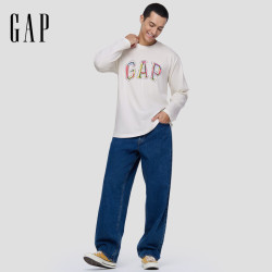 Gap 男女装早秋logo涂鸦印花纯棉宽松长袖T恤上衣787426 白色