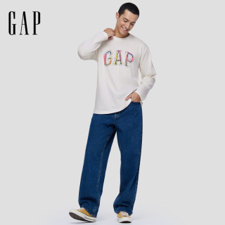 Gap 男女装早秋logo涂鸦印花纯棉宽松长袖T恤上衣787426 白色