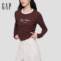 Gap 女装春款刺绣logo修身圆领针织长袖休闲上衣792652 棕色 M (165/88A) 亚洲尺码