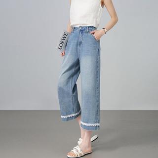 SUX 【凉感裤】蕾丝拼接阔腿牛仔裤女2025夏季八分薄款奶奶裤