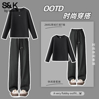 班尼路(Baleno)S&K系列套装女装秋冬季加绒打底衫休闲潮流香蕉直筒裤两件套 黑#纯色+深灰#纯色 M
