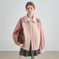VEGA CHANG皮衣外套女2024春款宽松显瘦港风复古pu皮拼色夹克上衣