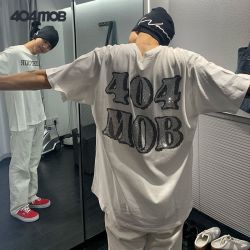 404MOBGANG 情侣落肩体恤上衣超火烫钻LOGO宽松短袖T恤男女