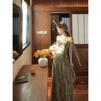 缀樱 海边度假沙滩长裙新款法式温柔度假碎花V领绿色吊带连衣裙防晒开 防晒开衫