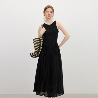 范思蓝恩 法式气质网纱针梭拼接T恤裙子女2025夏季小黑裙2756 黑色 S