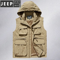JEEP SPIRIT夏季户外马甲男春秋季大码宽松战术背心多口袋连帽休闲马夹女 卡其色 2XL 161-175斤左右