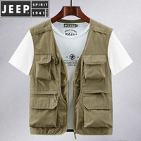 JEEP SPIRIT夏季户外马甲男春秋季大码宽松战术背心多口袋连帽休闲马夹女 8578卡其色 5XL 211-225斤左右