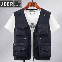 JEEP SPIRIT夏季户外马甲男春秋季大码宽松战术背心多口袋连帽休闲马夹女 8779黑蓝色 M 100-120斤左右