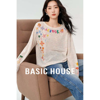 Basic House/百家好彩色涂鸦刺绣T恤女秋季新款抽绳设计宽松上衣 浅杏色 S