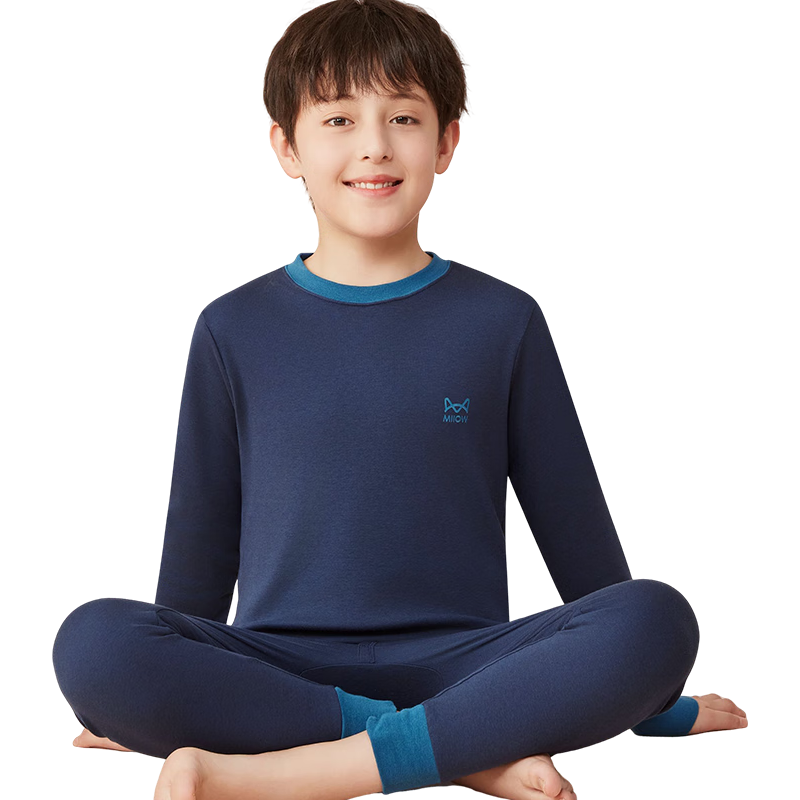 猫人儿童内衣套装纯棉男童秋衣秋裤半高领青少年打底内衣 浅灰 180