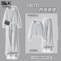 班尼路(Baleno)S&K系列运动套装女装插肩袖短开衫外套休闲直筒裤两件套 麻灰#纯色+麻灰#纯色 M