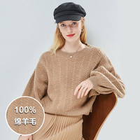春竹毛衣女100%羊毛衫灯笼袖宽松保暖套头衫 卡其驼 M L/100C
