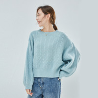 春竹毛衣女100%羊毛衫灯笼袖宽松保暖套头衫 浅湖兰 M 95CM