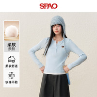 SPAO假两件长袖T恤女2025年秋季小熊同款刺绣修身打底衫SPCX25AD01XY 雾霾蓝#SP红帽子熊-贴布绣