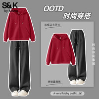 班尼路(Baleno)S&K系列套装女装两件套秋冬时尚开衫长袖外套搭配休闲直筒裤 车厘子红#纯色+深灰#纯色 L