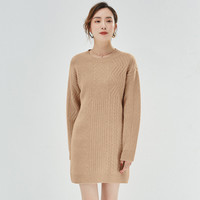 春竹100%羊毛毛衣圆领女中长款保暖舒长款羊毛衫 卡其驼 M L/100C