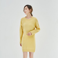 春竹100%羊毛毛衣圆领女中长款保暖舒长款羊毛衫 嫩黄 M XL/105C