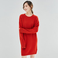 春竹100%羊毛毛衣圆领女中长款保暖舒长款羊毛衫 浅砖红 M 95CM
