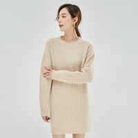 春竹100%羊毛毛衣圆领女中长款保暖舒长款羊毛衫 米杏 M XL/105C
