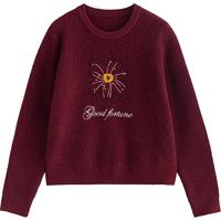 初语毛衣女2025冬季仿牛绒绿绒蒿刺绣复古酒红色渐变上衣 酒红色 M