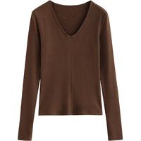 初语优可丝V领T恤女2025秋季修身可露丽运动自发热保暖上衣 摩卡棕 M