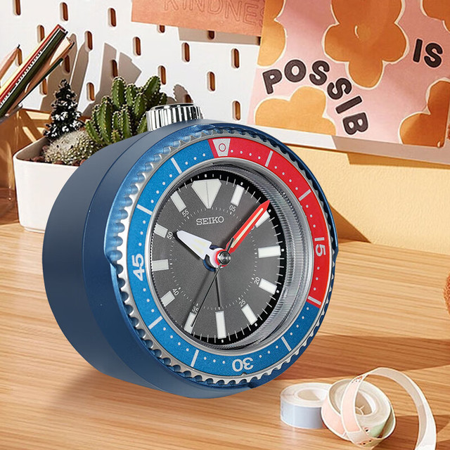SEIKO 日本精工时钟2024水鬼系列夜灯夜光桌面钟表儿童计时标记闹钟 蓝红色 QHE207L