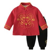 中国风唐装喜庆加绒冬季男童外套儿童卫裤套装两件套拜年服