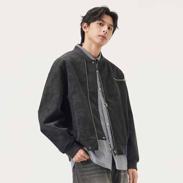 gxgjeans 美式PU皮宽松棒球领飞行员夹克 黑灰