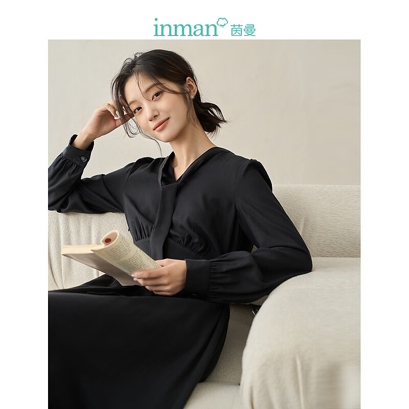 茵曼（INMAN）气质系带连衣裙春秋季女装收腰显瘦中长裙 黑色 S