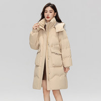 雅鹿羽绒服女中长款时尚韩版连帽女士加厚保暖宽松外套 卡其色 S