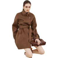 伊芙丽偏门襟立领设计中长款腰带收腰双面呢大衣 原绒咖 S