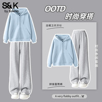 班尼路(Baleno)S&K系列套装女装两件套时尚开衫长袖外套搭配休闲直筒裤 雾霾蓝#纯色+麻灰#纯色 M