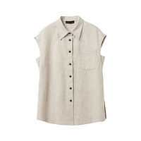 初棉 【100%亚麻】空气亚麻率性慵懒无袖衬衫女方领亚麻上衣女